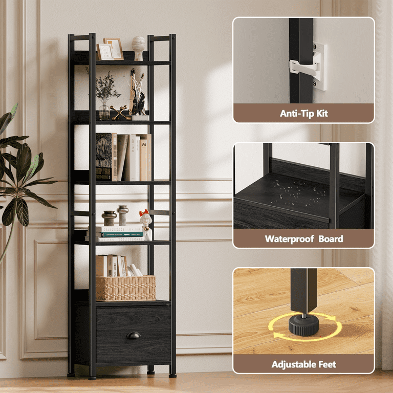 Satifur 6-Tier Industrial Bookcase with Drawer, Black Oak photo 2