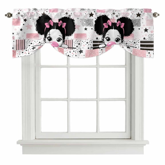 Cute Girl Tie Up Valance Curtains for Windows, Kitchen Curtains Window Treatments, Pink White Cartoon Funny Star Striped Plaid Short Window Shades Valances for Bedroom Bathroom Cafe 42"x12"