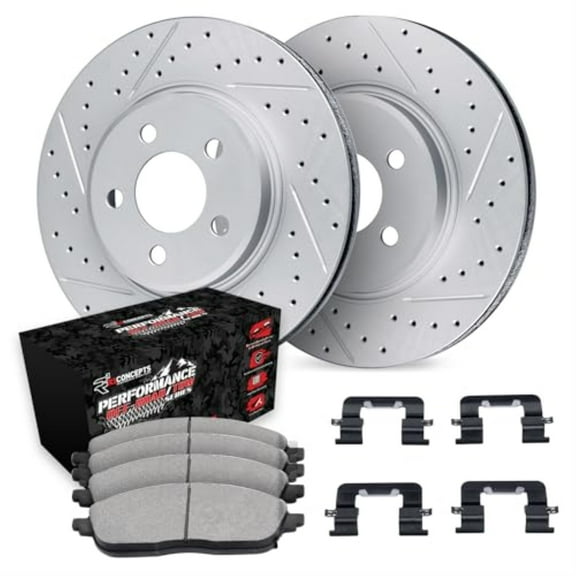 R1 Concepts Drilled and Slotted Carbon Coated Disc Brake Rotor Set with Off-Road/Tow Brake Pads and Hardware WBVH1-54035