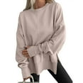 thumbnail image 2 of Women's Fashionable Round Neck Long Sleeved Sports Casual Solid Color Loose Fit Sweater Sweatshirt Side Slit Pullover Top, 2 of 7