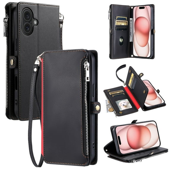 ELEHOLD for iPhone 16 Plus Case, Full Body Protection Crossbody Flip Zipper Credit Card Slot Wallet Case Kickstand Shockproof Leather Case with Shoulder Strap and Wrist Strap, Black