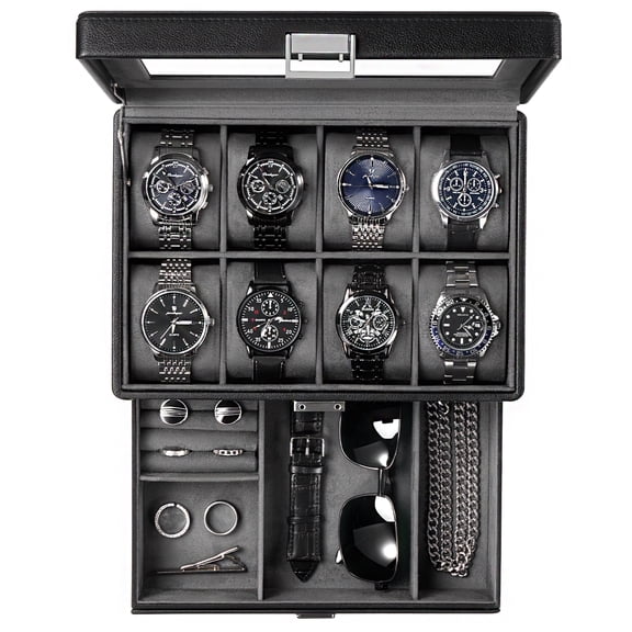 Procase Watch Box Jewelry Organizer Box, Drawer Display Case with Glass Lid, Black, 8 Slot