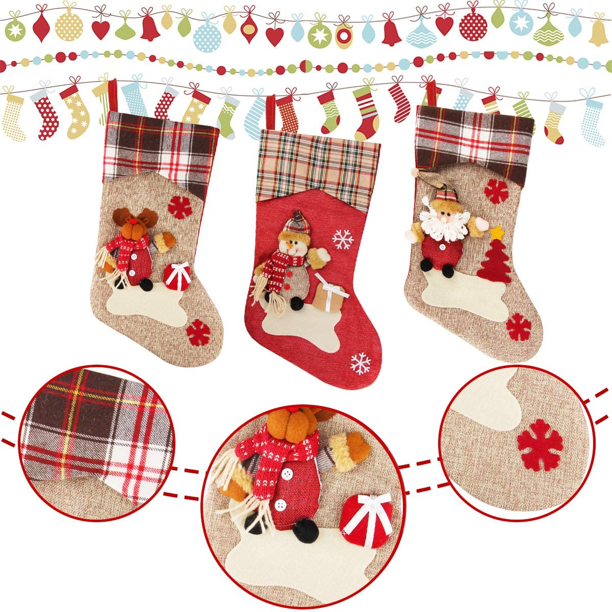 Reindeer Xmas Character 3D Plush Stockings Xmas Classic Decoration for Family Holiday Christmas Party Decorations Snowman Diamerd Christmas Stocking 3 Pack 17.3 Santa