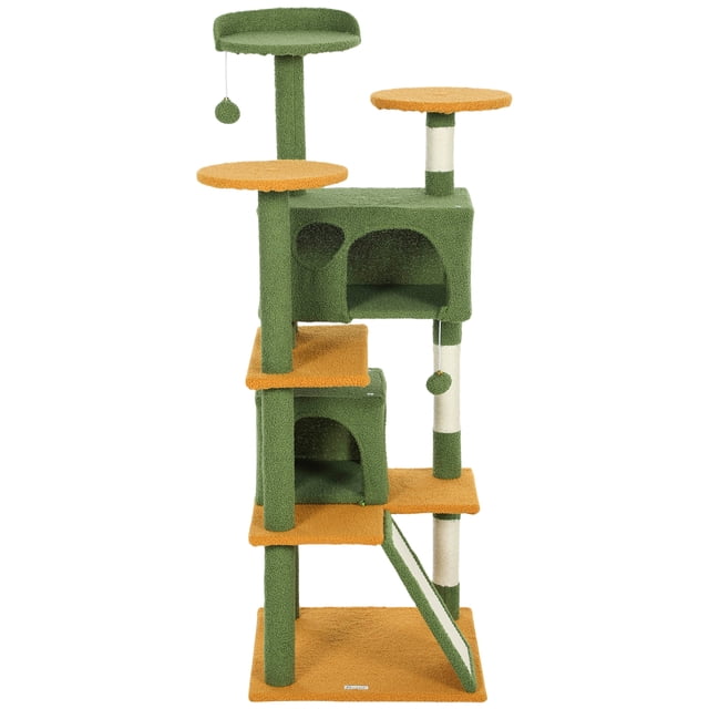 CoSoTower 54" Cat Tree, Multi-Level Cat Tower with Scratching Posts, Cat Condos, Bed, Platforms, Ramp, Toy Ball, Green