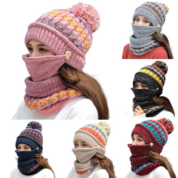 D-GROEE 3Pcs Womens Girls Multicolor Knit Beanie Scarf Mask Set Soft Warm Woolen Yarn Lined Winter Ski Hat with Pompom