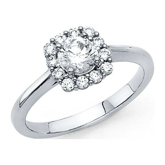 Halo Round CZ Engagement Ring 14k White Gold Anniversary CZ Solitaire Square Halo Ring Band Size 7