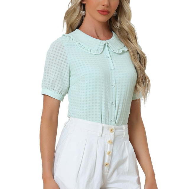 Blusa de botones de cuadros con cuello Peter Pan y volantes INSPIRE CHIC para mujer, talla XS, color azul