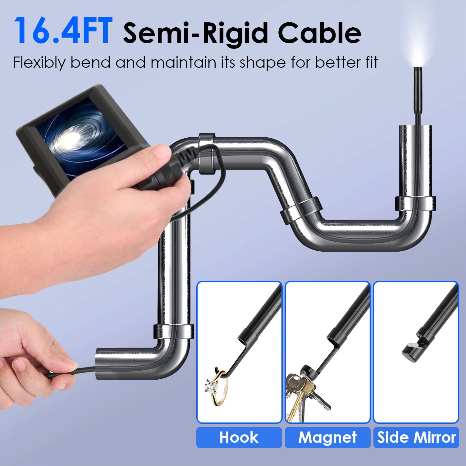 Teqhome Endoscope Inspection Camera with  8 LED Light Type-C 1080P HD Borescope with 4.3" IPS Screen 16.4ft Semi-Rigid Cord IP67 Waterproof Plumbing Snake Camera