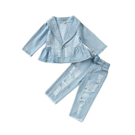 

Xingqing Toddler Girl Denim Clothing Set Long Sleeve V Neck Button Suit Top Jacket+Holes Long Pants Sping Fall Outfits 4-5 Years