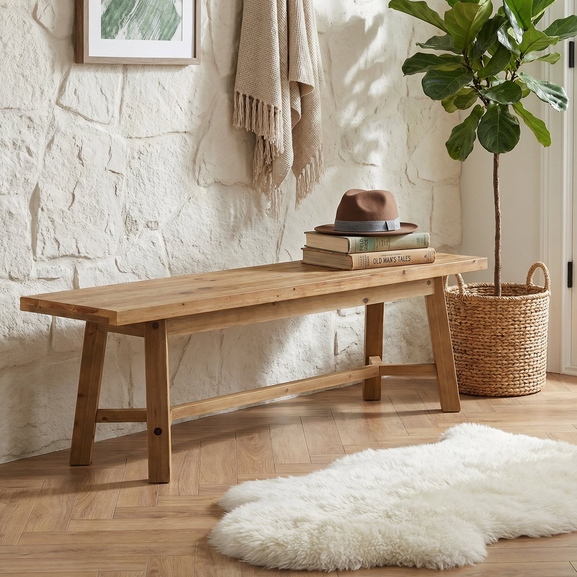 MAYEERTY Distressed Solid Wood 55 Inch Farmhouse Long Bench, Rustic Multi-Purpose Seat for Entryway Dining Room Bedroom Mudroom