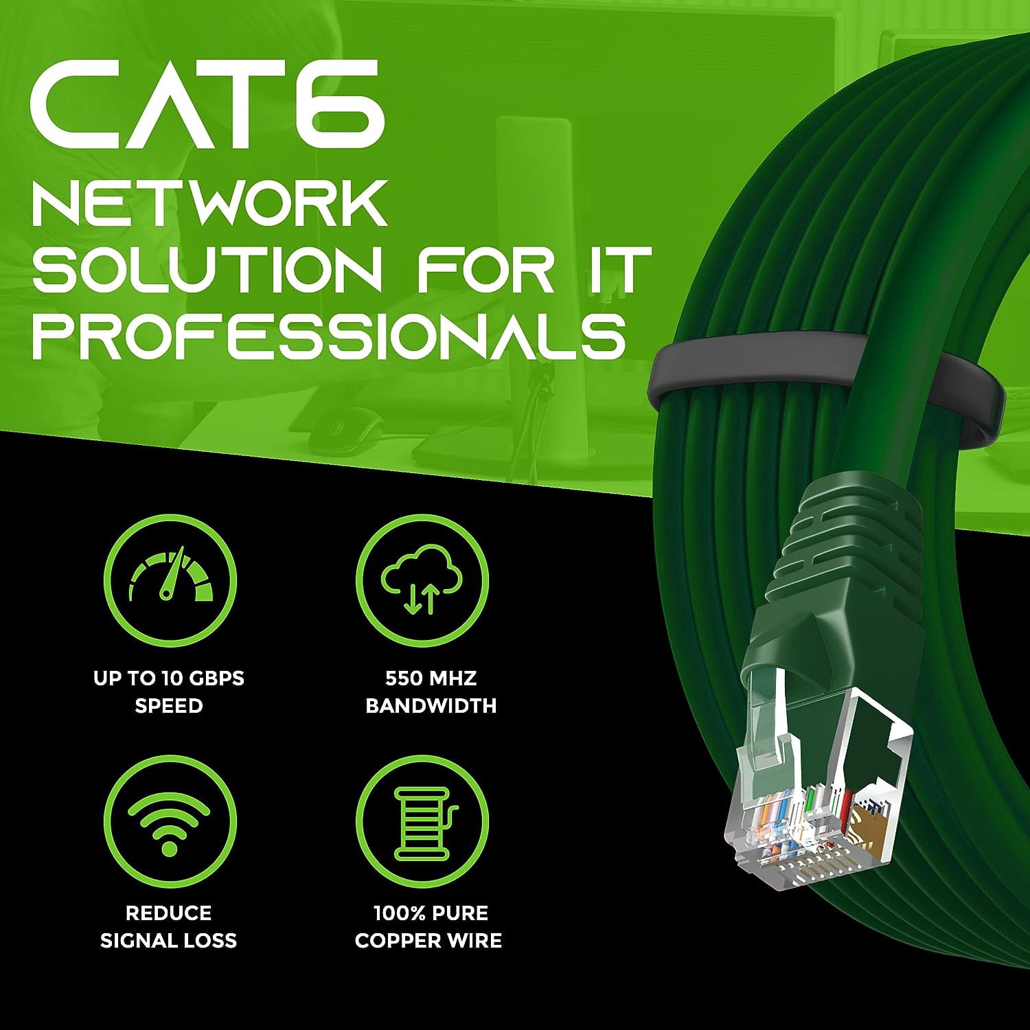 GearIT Pre-Terminated Cat 6 Ethernet Cables for Home & Office Network, Green 1-ft 20 Pack