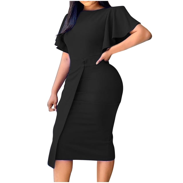 QUYUON Robes Grande Taille pour Femmes Liquidation Robe de Travail Col Rond Robe Décontractée Manches Longues Midi Cocktail Style D-13956 Noir G