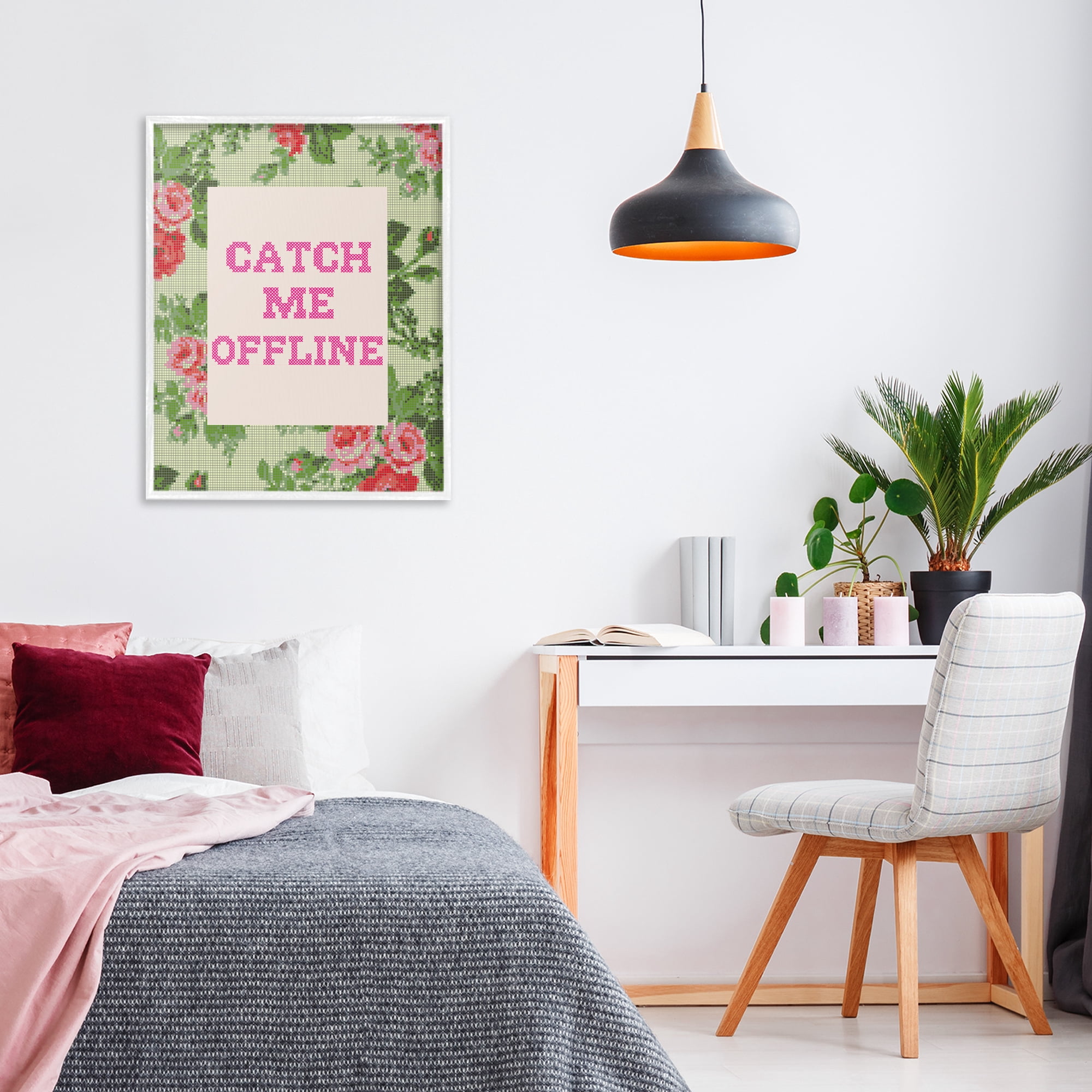 Stupell Industries Catch Me Offline Faux Cross Stitch White Framed Giclee Art, design by Lil' Rue