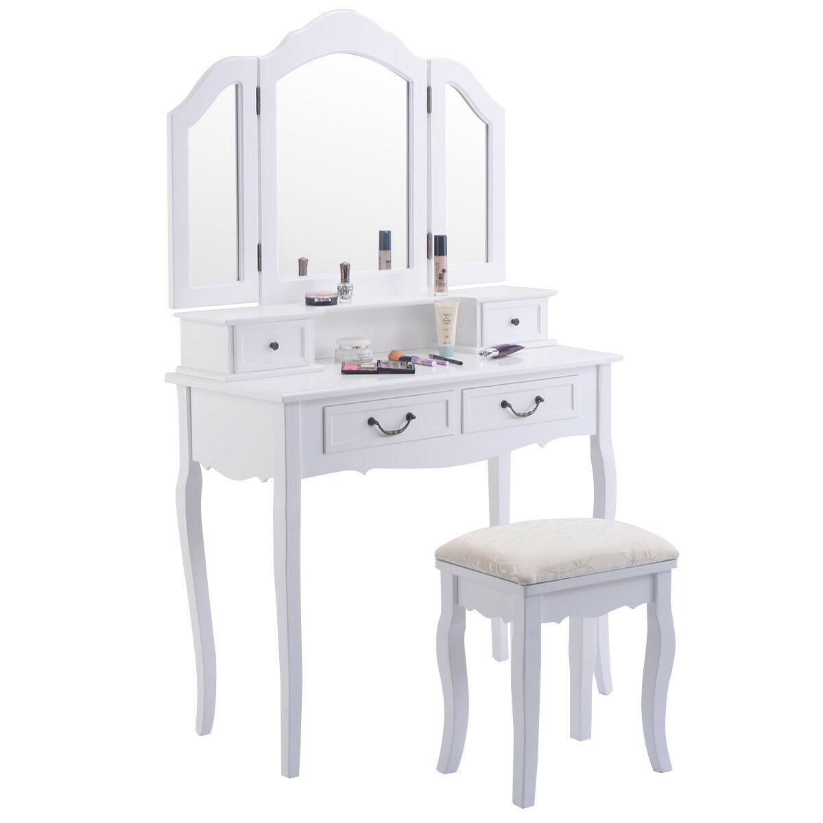 Tri Folding Mirror White Wood Vanity Set Makeup Bathroom Table Dresser 4 Drawers Stool