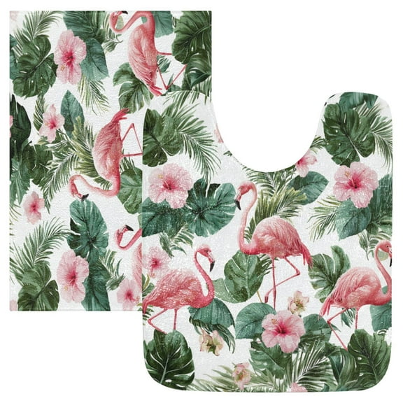 2 Piece Soft Bathroom Rug Set Flamingo and Tropical Leaves Bath Mat and U-Shaped Toilet Contour Rug (16"x24" 20"x24")