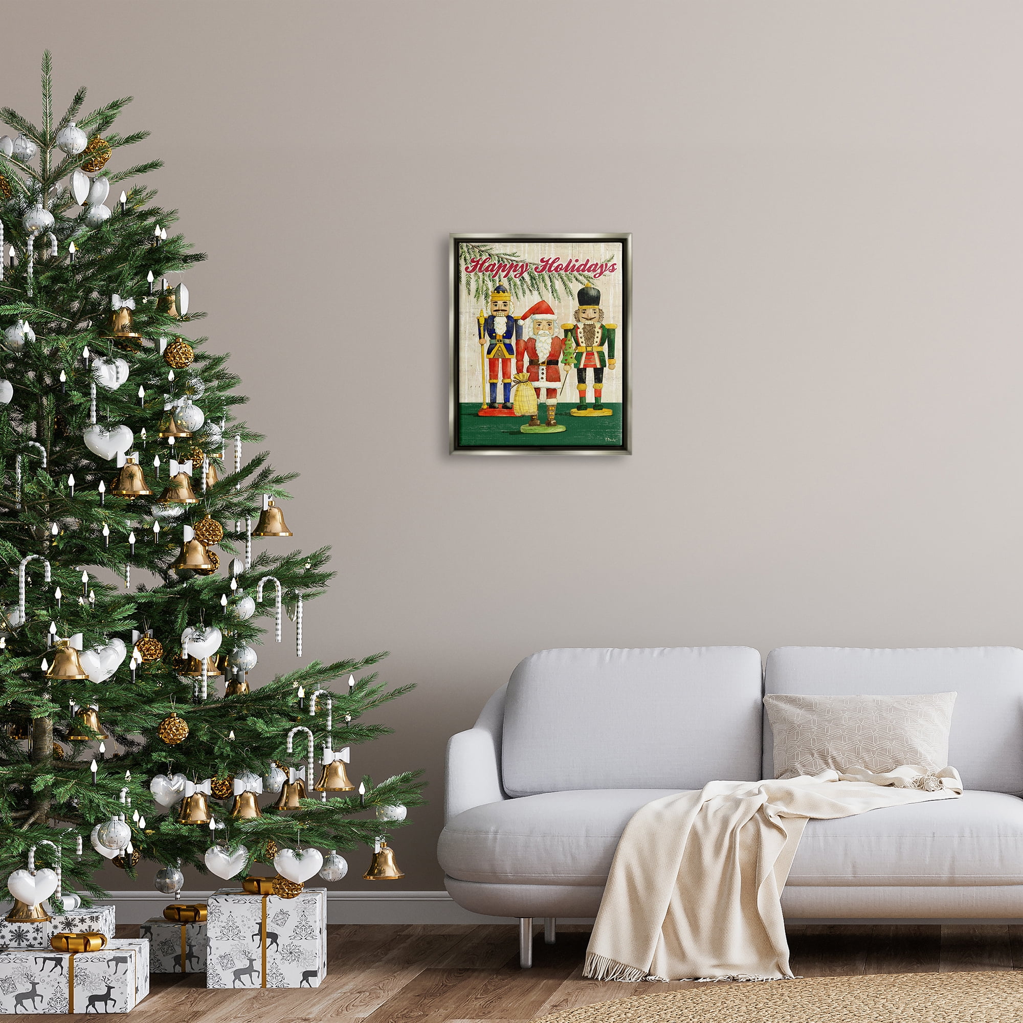 Stupell Industries Happy Holidays Nutcrackers Holiday Painting Gray Floater Framed Art Print Wall Art, 17 x 21