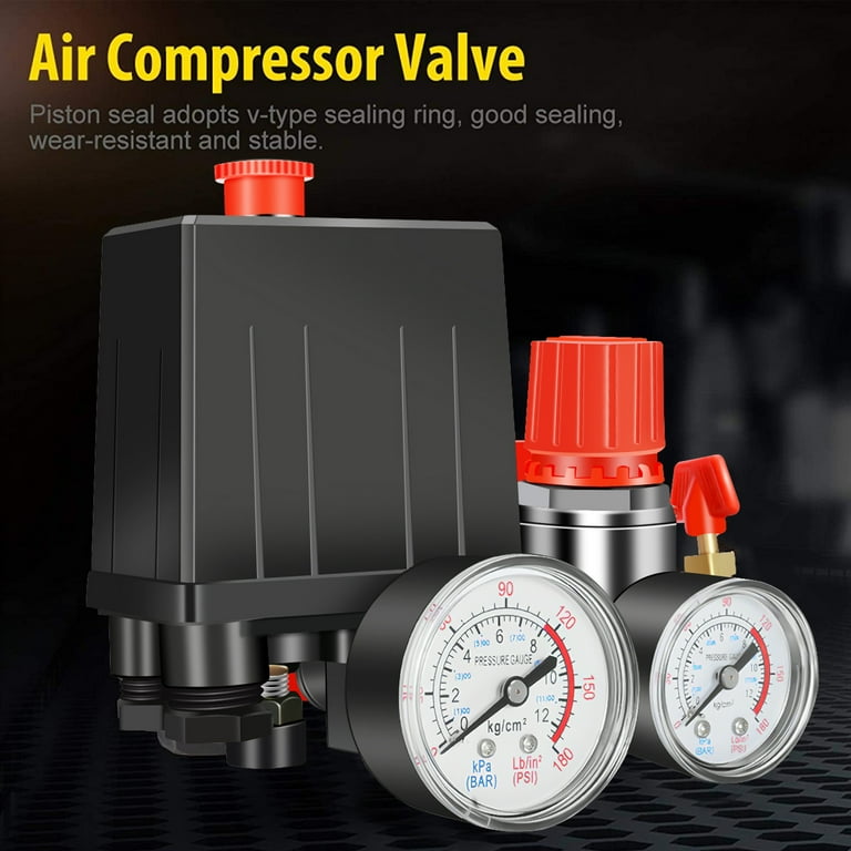 90-120 PSI Air Compressor Pressure Control Switch Valve Regulator w/ Double Gauges, Air Compressor Regulator 90-120 PSI Air Compressor Pressure Control Switch Valve Regulator w/ Double Gauges, Air Compressor Regulator