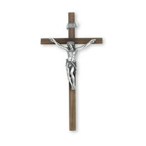 Hirten 12" Walnut Cross With Antique Silver Corpus | Wall Crucifix | Walnut Wood | Size 12" | Antique Silver Plated Corpus
