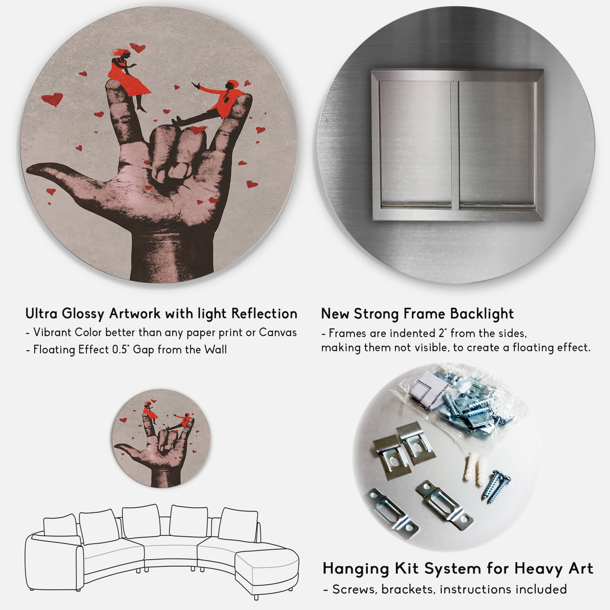Designart 'I Love You Hand Sign With Romantic Couple' Modern Circle Metal Wall Art 23x23 - Disc of 23