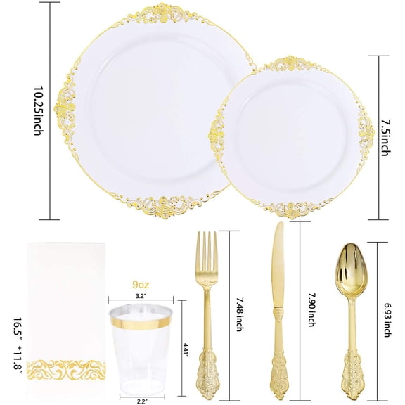 White and Gold Plastic Plates Set, 175pcs — Disposable Plates, Cutlery, Cups & Napkins for 25 Guests, Ideal for Weddings, Parties & Thanksgiving Celebrations
