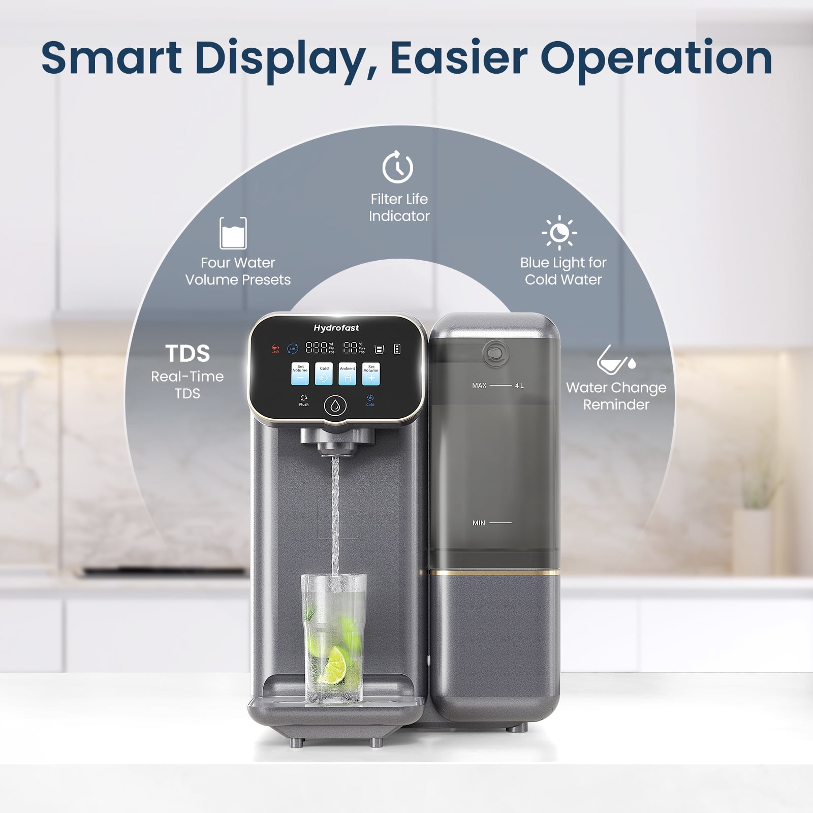 Hydrofast C100 Countertop RO Water Purifier, Home Water Purifier, Chilled (50°F) & Room Temp Water, 6-Stage Filtration, No Installation, Gray