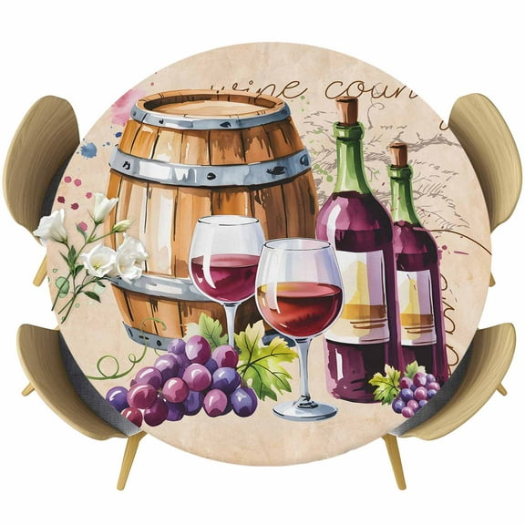 Vintage Watercolor Wine Round Tablecloth 55-60 Inch Round Fitted Table Cloth with Elastic Edge, Farmhouse Cask Grapes Country Waterproof Table Cover Protector for Outdoor Picnic Party Dining