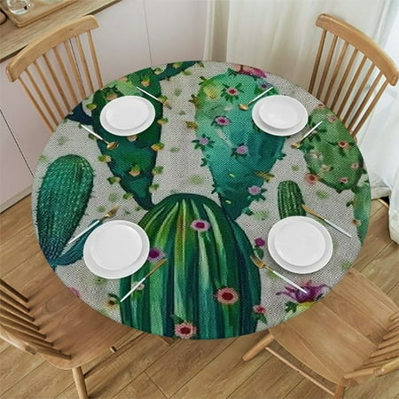 

Sheronv Cactus Flowers Leaves Round Table Cover Stain Resistant Washable Indoor Outdoor Tablecloth Kitchen Dining Wedding Parties 100% Polyester Fiber 38-42