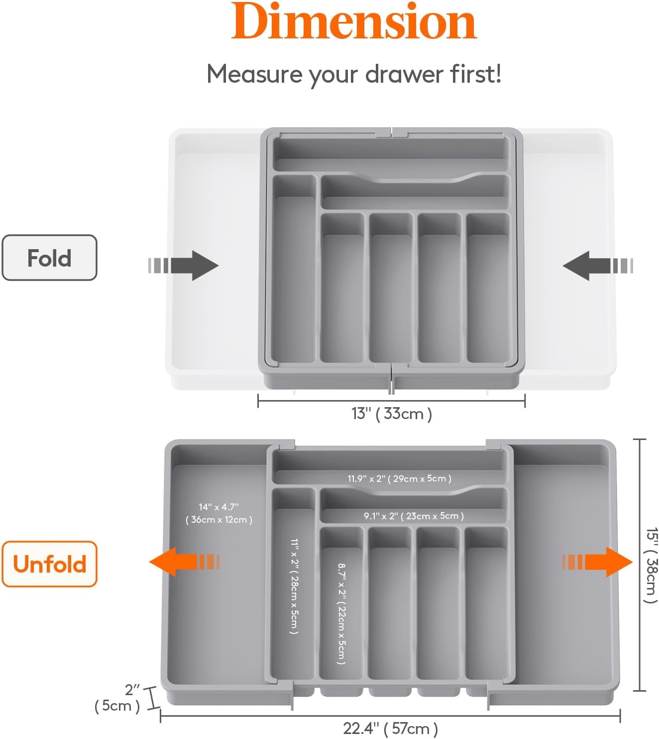 Expandable Utensil Organizer ,Silverware Drawer Organizer for Kitchen Drawers, Adjustable Cutlery and Flatware Tray, Plastic Spoons Forks Knives Holder Storage Dividers, Large, Gray