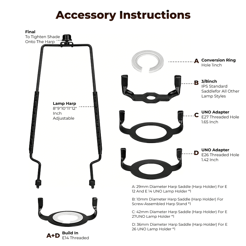 8 9 10 11 12 inch Lamp Shade Harp Holder, Adjustable Lamp Harp Kit, Fit Both Standard Lamp Rod and E14 E26 E27 Light Base UNO Fitter Adapter Converter Finial Set, AEELLEEA  Lampshade Bracket Black