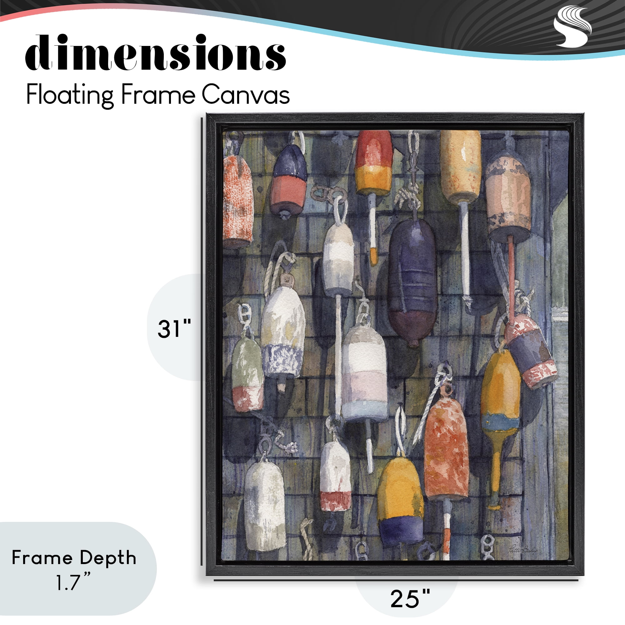 Stupell Industries Watercolor Hanging Buoys Black Framed Floater Canvas Wall Art, design by Patti Bishop