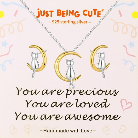 Just Being Cute Cat Necklace and Earrings Set for Women, 925 Sterling Silver Cat on Moon Stud Earrings Pendant 14K Gold Plated Jewelry Gifts with Lovely Card