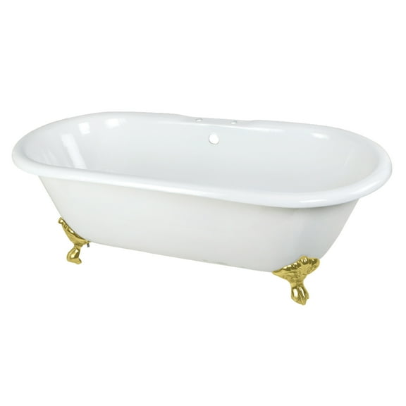Aqua Eden VCT7D663013NB2 66" Cast Iron Oval Double Ended Clawfoot Tub (7" Faucet Drillings), White/Polished Brass
