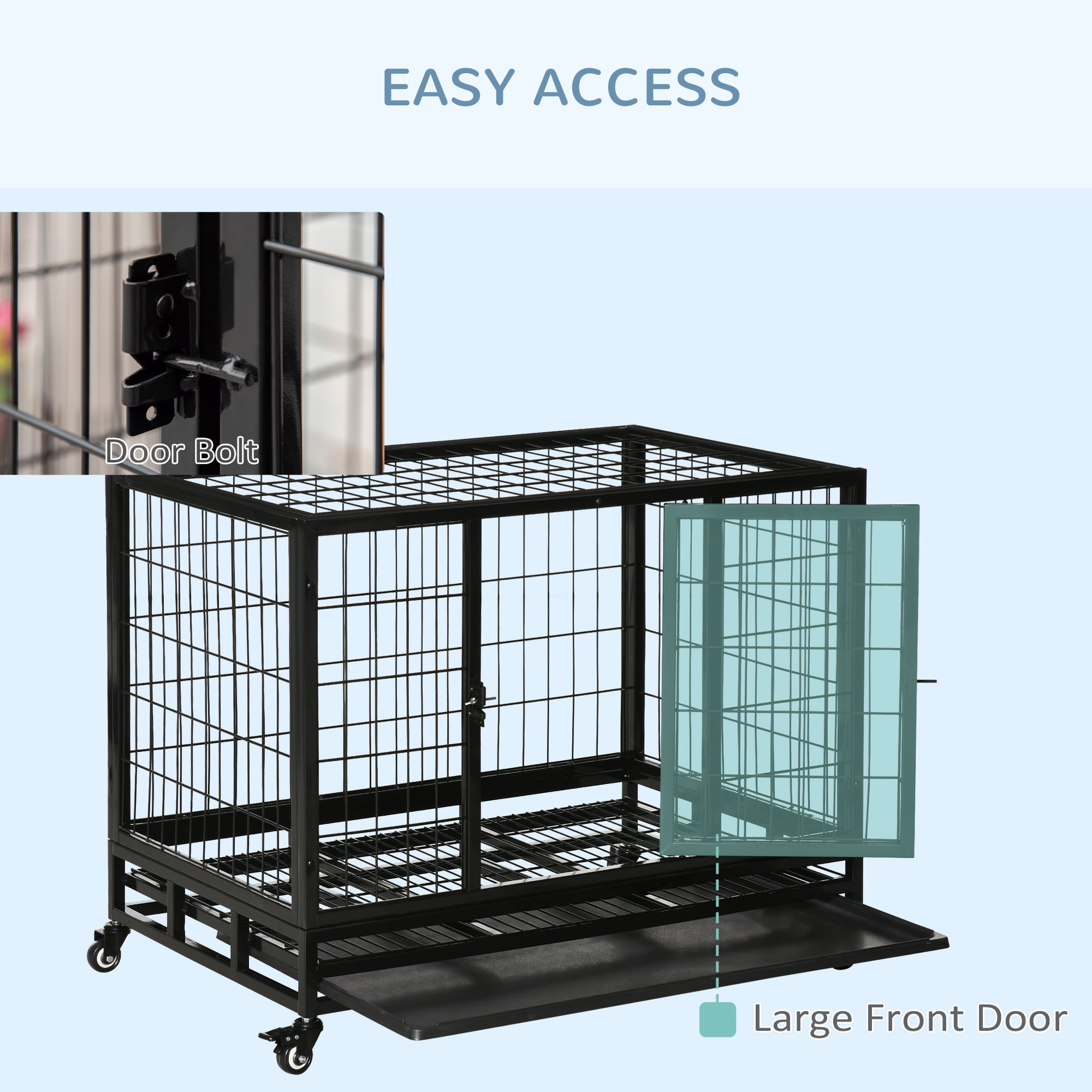 PawHut 36" Heavy Duty Dog Crate, Indestructible Dog Cage Kennel with Removable Tray, Lockable Wheels and 2 Doors, Black