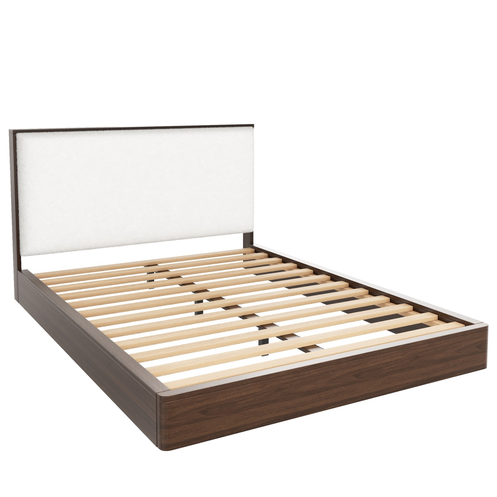 Euroco Wood Queen Size Platform Bed with Bouclé Upholstered Headboard, No Box Spring Needed, Walnut