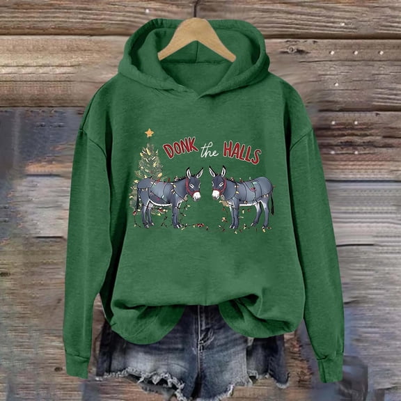 Christmas Sweatshirts for Women Women'S Long Sleeve Christmas Animal Printed Loose Hooded Tops Pullover Blouse Womens Hoodie Army Green L