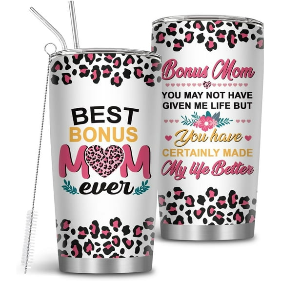 Bonus Mom Gifts, 18/8 Stainless Steel 20 Oz Bonus Mother Tumbler with Brush & Straw, Gift for Stepmom, Step Mama Birthday Present, Mom Gift, Stepmama Present, Gifts for Mothers Day