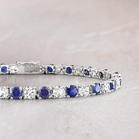 Baguette Blue Sapphire Bracelet - Sterling Silver Created Blue and White Sapphire Patterned Birthstone Tennis Bracelet