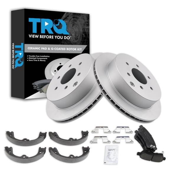 TRQ Rear Brake Pad & Rotor Kit Brake Pads Brake Rotor Parking Brake Shoe Set Ceramic Premium G-Coated Fits Select 2005-2019 Nissan Frontier 2005-2015 Xterra 2009-2012 Suzuki Equator