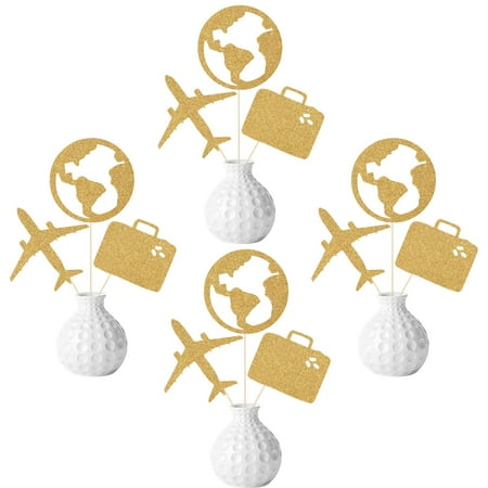 12 Pcs The CORNET Adventure Begin Centerpieces Sticks, Travel Themed Retirement Decorations, Adventure Awaits Party Decors, World Travel Party Supplies Gold