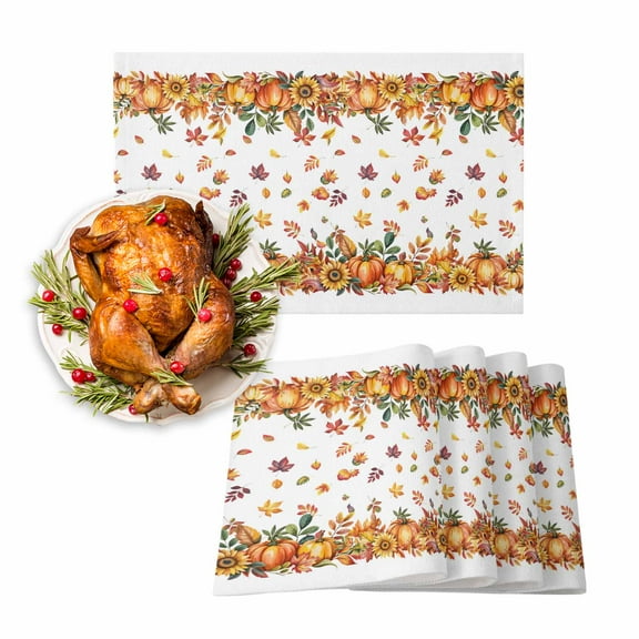 Fall Placemats Set of 4 Pumpkin Sunflower Place Mats Thanksgiving Placemat Orange FallenMaple Leaves Table Mats for Dining Kitchen Table Holiday Dinner Party Home Fall Decorations 13x19 Inch