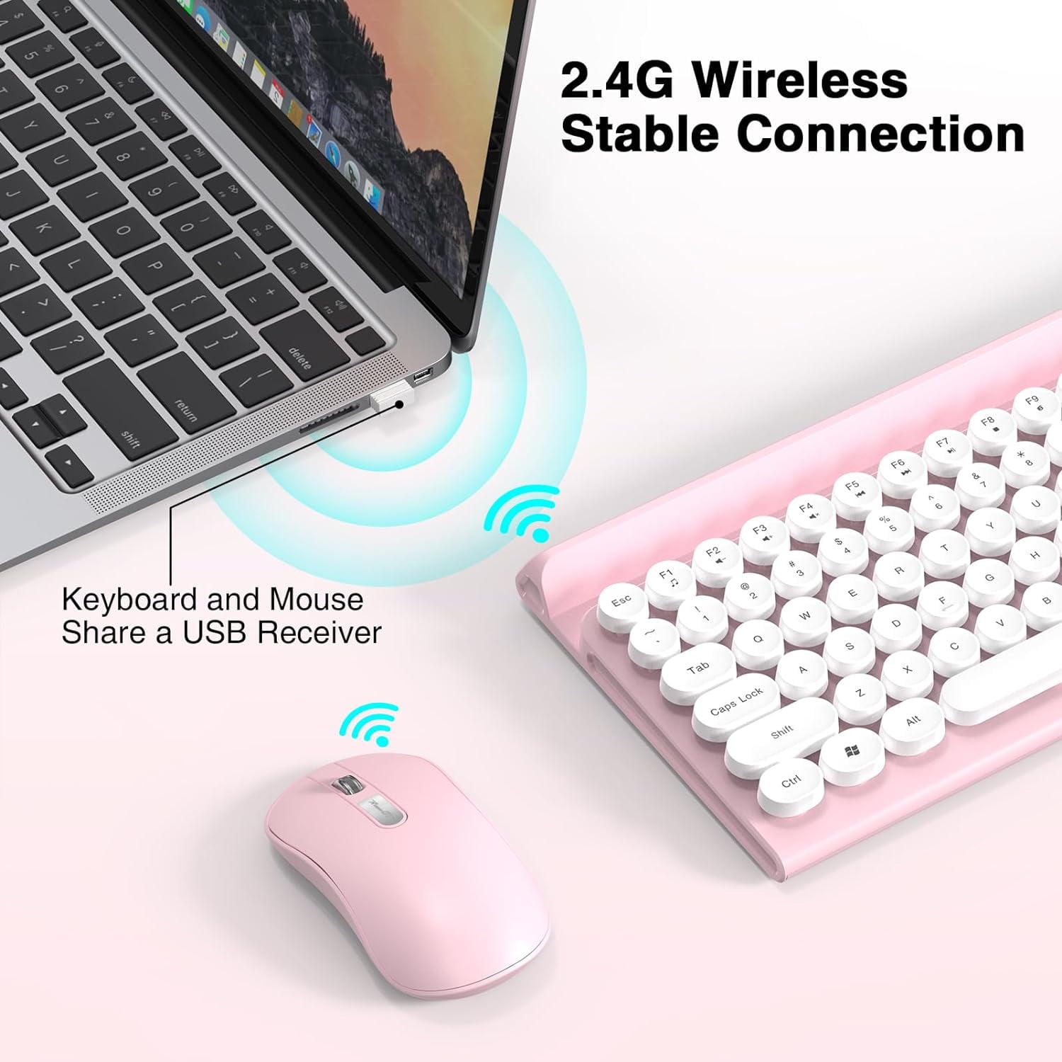 Wireless Keyboard and Mouse Combo, RaceGT Silent Keyboard Mouse Set, Retro Cute Typewriter Keyboard with Phone Tablet Holder, Round Keycaps, 2.4G Mouse Compatible with PC/Laptop/Computer(Pink)