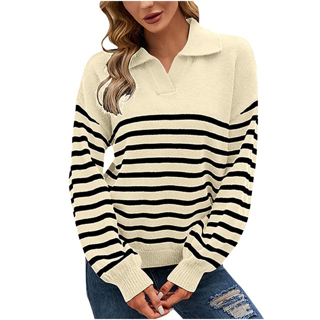 Suéteres Para Mujer Suéter A Rayas Punto Otoño Invierno Suelto Manga Larga Colorblock Solapa Top Odeerbi ODB180828