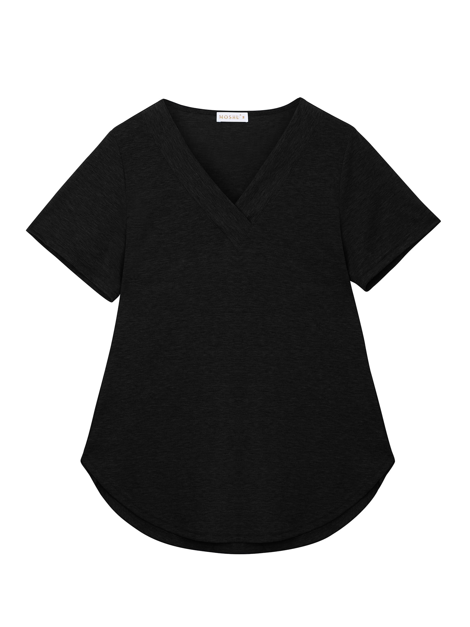 MOSHU Deep V Neck Womens Tops Curved Hem Shirts for Women Fashion Trendy Blouses Casual Loose Fit Tees Tops