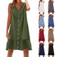 thumbnail image 5 of Dvprdro Robe d'Été Imitation Coton Lin pour Femmes Mode Décontractée Ample Couleur Unie Col en V Sans Manches Boutonnée Ourlet à Volants Robe de Plage Soleil, 5 of 5