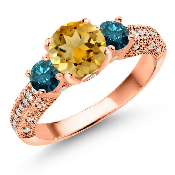 Gem Stone King 18K Rose Gold Plated Silver Yellow Citrine Blue Diamond and White Moissanite Engagement Ring for Women (1.92 Cttw, Gemstone November Birthstone, Round 7MM and 4MM, Size 6)