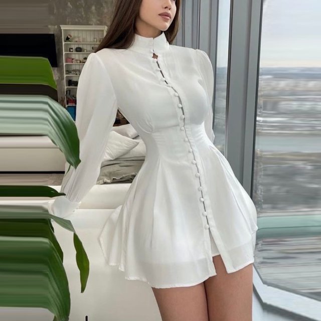 TIMIFIS Robe Blanche à Paillettes pour Femme Robe Scintillante à Paillettes Bouton Mode Col Rond Manches Longues Couleur Unie Style Princesse Robe de Soirée Tenue de Fête Tenue de Boîte de Nuit Robes de Cocktail Automne