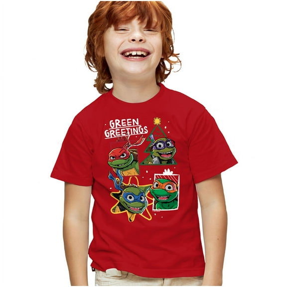 Teenage Mutant Ninja Turtles Green Greetings Christmas Kids T Shirt for Youth Boys and Girls, Red, Large