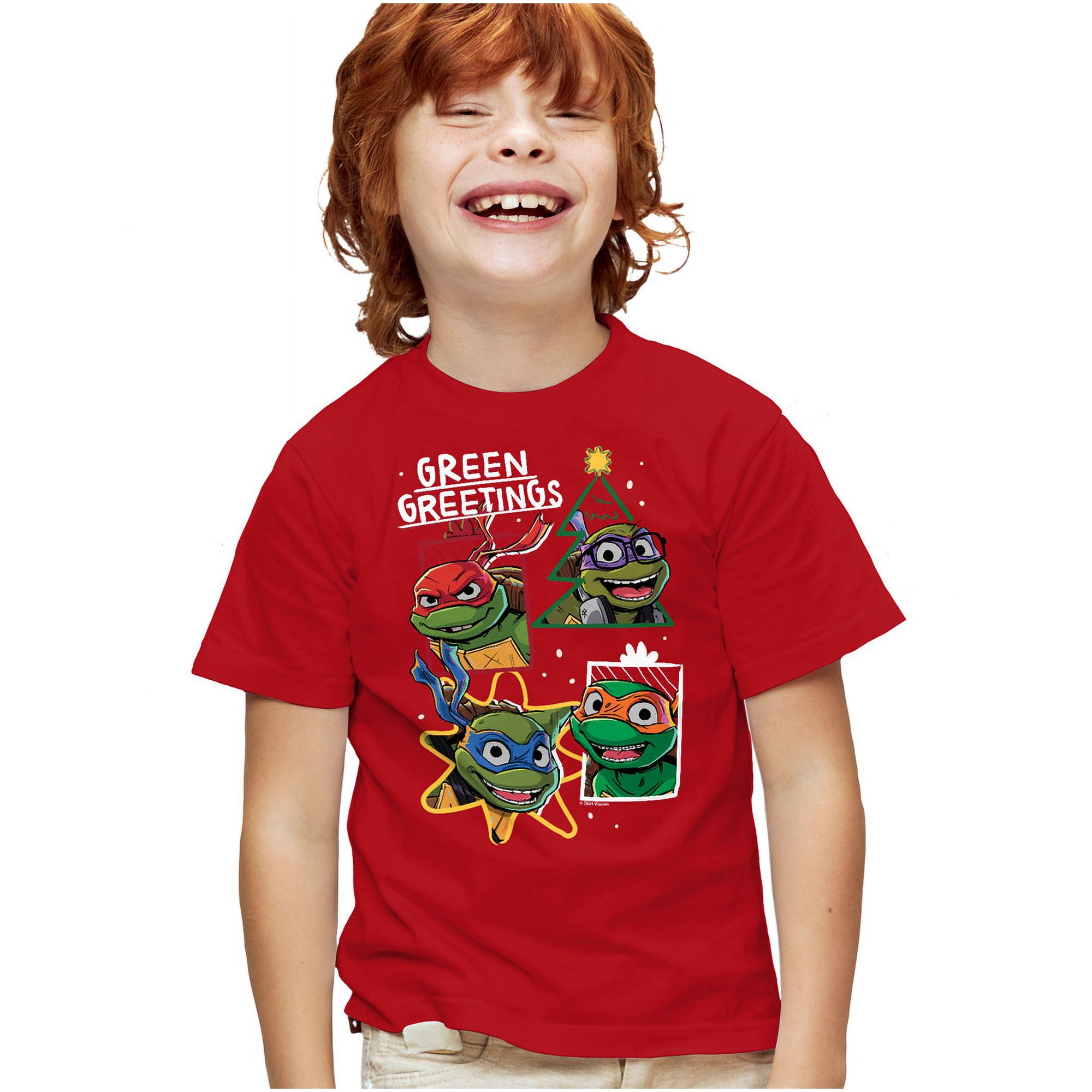 Teenage Mutant Ninja Turtles Green Greetings Christmas Kids T Shirt for Youth Boys and Girls, Red, Large