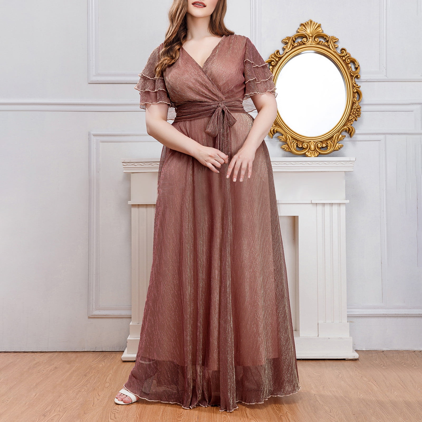 OSFVNOXV Fall Wedding Guest Dresses for Women Plus Size Chiffon Ruffle Sleeve V-Neck High Waisted Bodycon Swing Gown Party Dress