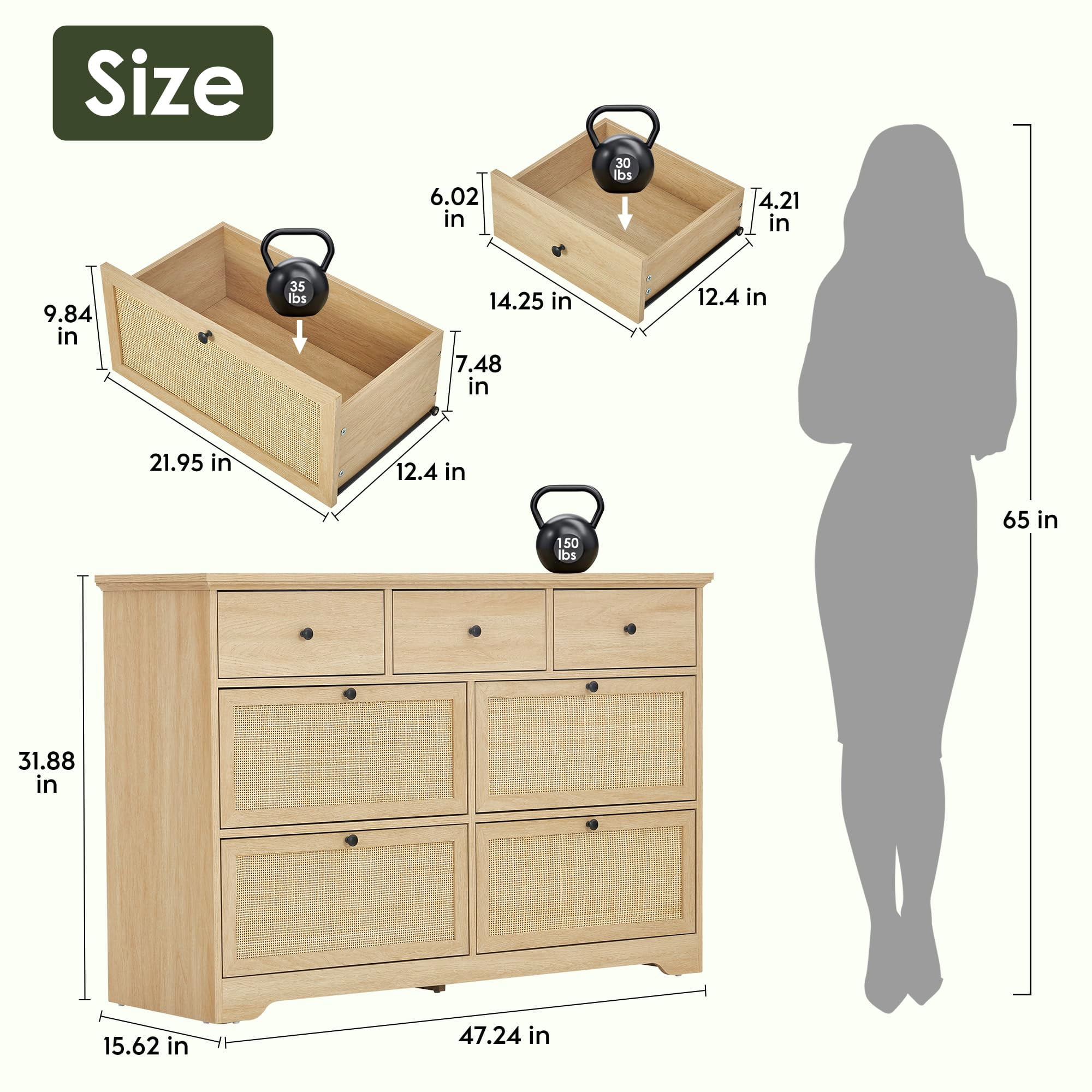 Brafabhome Rattan Dresser, Natural 7 Drawers Combo Double Dresser, Modern Wicker Chest for Bedroom Living Room Hallway | Beige